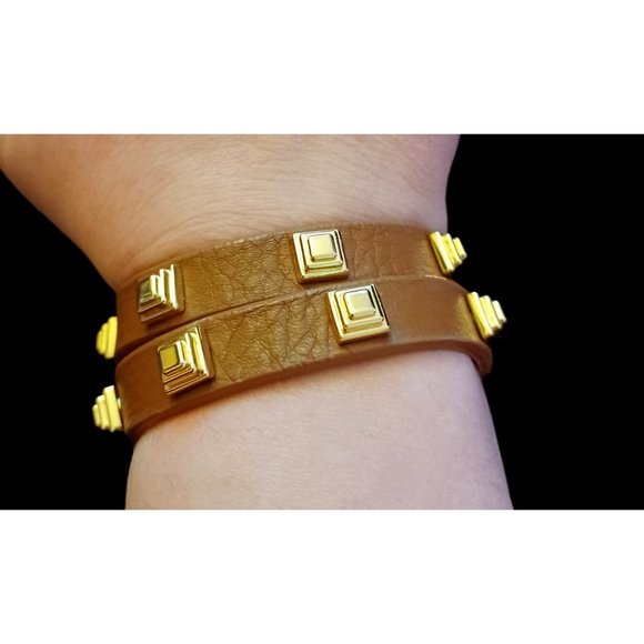Tory Burch Brown Leather Gold Tone Studded 15.5" Long Wrap Bracelet - Picture 2 of 8